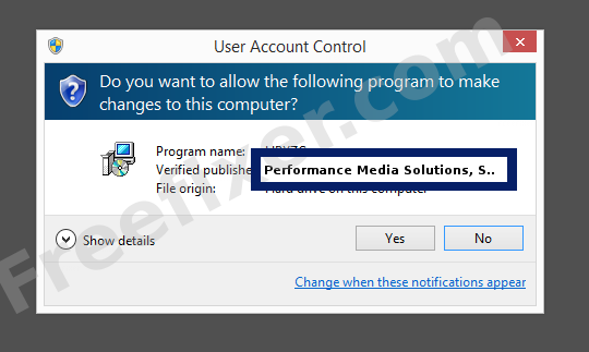 Screenshot where Performance Media Solutions, SL appears as the verified publisher in the UAC dialog